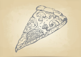 vector sketch pizza slice with salami mushrooms tomatoes olives and cheese. the background is old parchment.