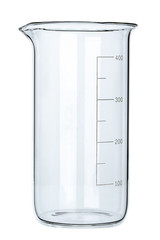 Laboratory glassware for liquids on white background, close up
