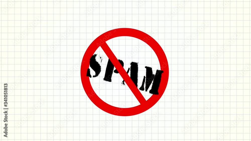 Poster scrolling in an email inbox full of spam messeges.prohibition sign with the word spam