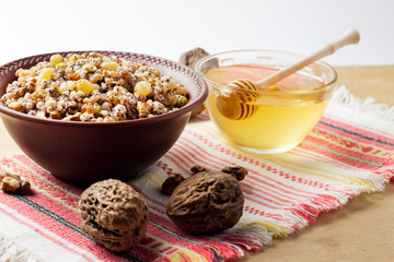 Kutia or kutya is a ceremonial grain dish with sweet gravy traditionally served by Eastern Orthodox Christians