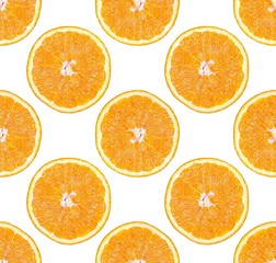 Seamless pattern of isolated slices of orange. Wallpaper for background, design and packaging.