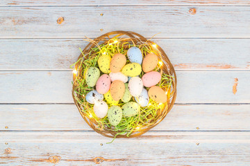 Happy Easter. Beautiful Easter decoration with pastel colored eggs