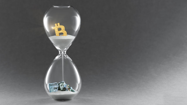 Hourglass on dark background. Concept passing traditional currency time, and time cryptocurrency Bitcoin and blockchain technology. Copy space. - Powered by Adobe