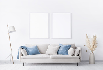 Minimal living room design, blue and beige furniture on white background, home decor with trendy accessories