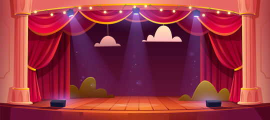 Theater stage with red curtains and spotlights. Vector cartoon illustration of theatre interior with empty wooden scene, luxury velvet drapes and decoration with clouds and bushes - obrazy, fototapety, plakaty