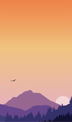 Vector illustration of a beautiful sunset in the mountains, flat design.
