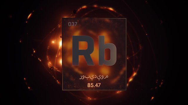 Rubidium as Element 37 of the Periodic Table. Seamlessly looping 3D animation on orange illuminated atom design background orbiting electrons name, atomic weight element number in Arabic language