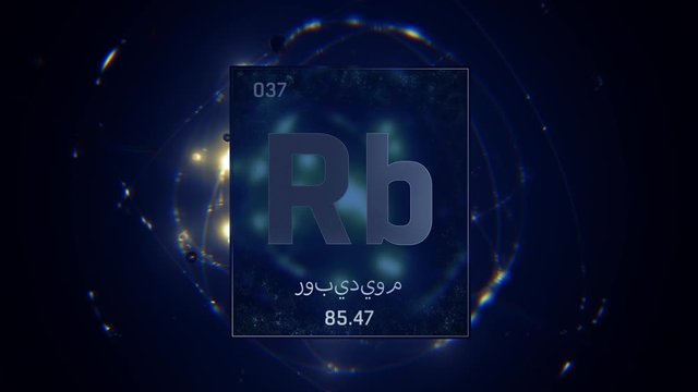 Rubidium as Element 37 of the Periodic Table. Seamlessly looping 3D animation on blue illuminated atom design background orbiting electrons name, atomic weight element number in Arabic language