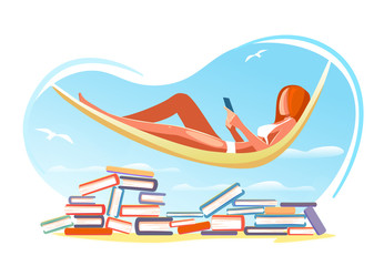 Read book Summer beach concept. Holiday, vacation education, studying vector illustration. Girl reads lying in a hammock over piles of books. Modern card for web design isolated on white background