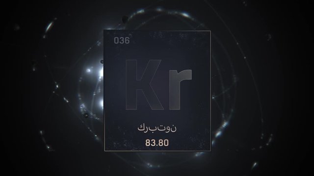 Krypton as Element 36 of the Periodic Table. Seamlessly looping 3D animation on silver illuminated atom design background orbiting electrons name, atomic weight element number in Arabic language