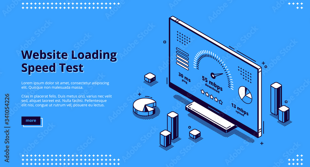 Poster website loading speed test banner. fast download of web page. vector landing page of internet loadin