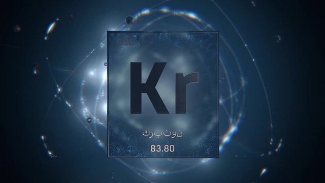 Krypton as Element 36 of the Periodic Table. Seamlessly looping 3D animation on blue illuminated atom design background orbiting electrons name, atomic weight element number in Arabic language