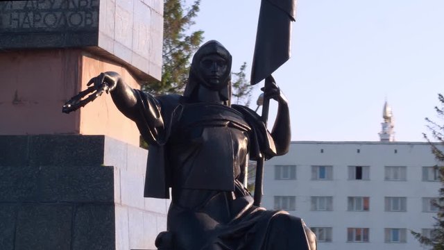 Friendship monument in Ufa at summer sunrise. Magic hour time. Russia, Bashkortostan