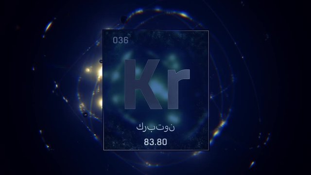 Krypton as Element 36 of the Periodic Table. Seamlessly looping 3D animation on blue illuminated atom design background orbiting electrons name, atomic weight element number in Arabic language