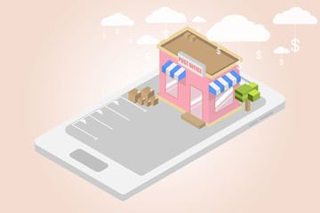 Isometric post office building on smartphone.