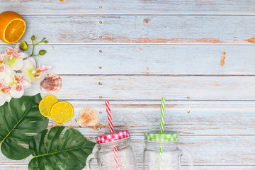 Summer vacation concept. Beach summer accessories and decoration on the table 