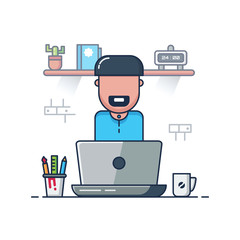Flat Illustration Vector Graphic of Man Muslim Work From Home with Laptop . Perfect for Greeting Card, Invitation Card, and Islamic Poster.