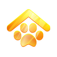 Pets house gold logo isolated on white background. Symbol of animal hotel vector icon. Paw sign under roof. Zoo market graphic element. Pet home web element in Simple shape. Metal cats footprint