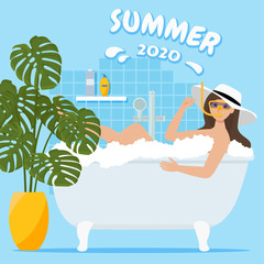 Woman in bathtub with swimming goggles and beach hat. Summer 2020 concept. Quarantine holidays. Flat vector illustration