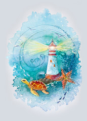 Watercolor illustration of a lighthouse with the sea in the background. lighthouse watercolor painted illustration - 341058031