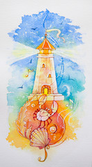 Watercolor illustration of a lighthouse with the sea in the background. lighthouse watercolor painted illustration
