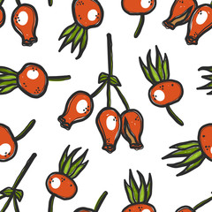 Hand drawn rosehip vector seamless pattern. Grunge stylized berry on white background. Engraved medical herbs. Wrapping paper, wallpaper, textile design