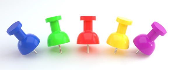 Colorful pushpin. Color location mark pin,  realistic pins 3d set.Plastic paperwork and sewing accessories. Collection of needles. Collection of secretary accessories on white background. 3d rendering
