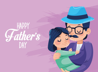 happy fathers day card with hipster dad carring daughter