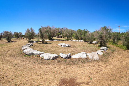 Megalithic alignment. Prehistoric cromlech "Li Scusi" near Minervino, Lecce, Puglia. Italy
