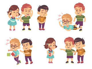 Kids bullying. Verbal and physical social conflict between children, battle abuse, quarrel and mocking classmate cartoon vector characters