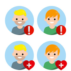 Set of avatars people for social network. Medical health element and alarm. man and guy. Cartoon flat illustration. Status icon. Blond Boy. Red exclamation mark, heart with cross