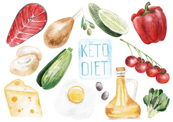 Ketogenic diet products isolated on white watercolor illustration