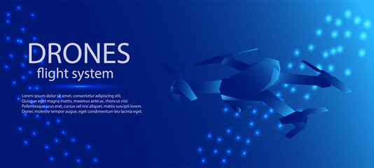 Digital recreational flying unmanned aerial vehicle, aerial photography helicopter or delivery. 3D isometric banner with a drone.