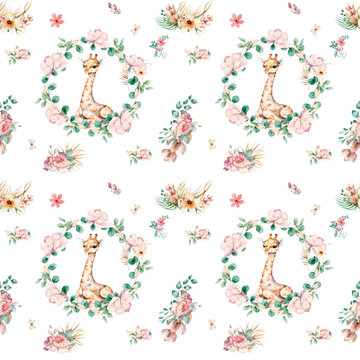 Giraffe pattern Hand drawn watercolor cartoon giraffe tropical animal isolated illustration. Jungle exotic summer design