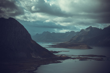 Lofoten Islands, cloudy landscape with mountain and sea views