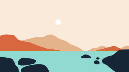 landscape minimalist flat design, a panoramic illustration of a lake and distant mountains, vector