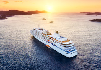 Croatia. Aerial view at the cruise ship during sunset. Adventure and travel.  Landscape with cruise liner on Adriatic sea. Luxury cruise. Travel - image