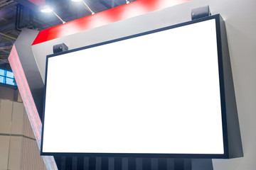Mockup image: blank large interactive white wall display at modern technology exhibition, museum...