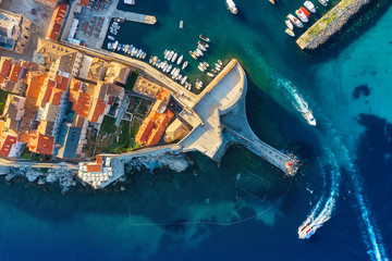 Dubrovnik, Croatia. Aerial view on the old town. Vacation and adventure. Town and sea. Top view from drone at on the old castle and blue sea. Travel - image