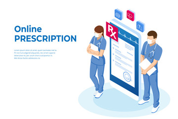 Isometric Online medical advise or consultation service, tele medicine, cardiology. Online treatment recipe. Medicine and pharmacy banners. Pharmacist care for the patient. Medicine industry.