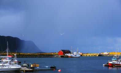 view of boats in a bay in norway, fjords lofoten islands