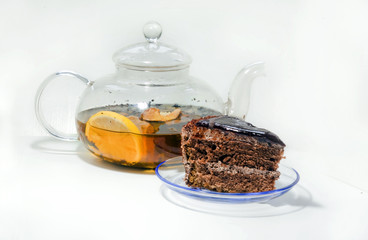 hot tea and a piece of chocolate cake