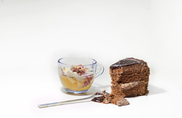 hot tea and a piece of chocolate cake