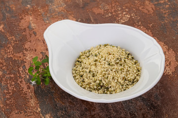 Peeled hemp seeds in the bowl