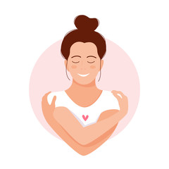 Love yourself. Love your body concept. Girl Healthcare Skincare. Take time for your self. Vector illustration. Woman hugging herself with hearts on white background. Pastel pink cute soft colors