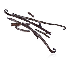 Dried vanilla sticks frozen in the air, isolated on a white background.