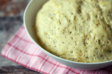 Yeast dough in a bowl. Homemade dough with herbs for bread or pizza. Baking at home.