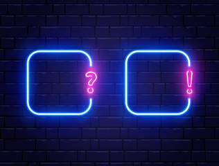 Neon quiz banner set. Glowing question and exclamation mark. Color neon banner on brick wall. Realistic bright night signboard. Shining neon effect. Vector illustration