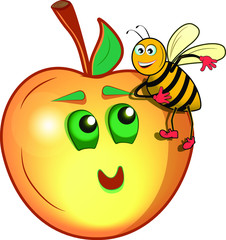 Vector illustration of a cute apple and a bee handsome man bee rejoice together