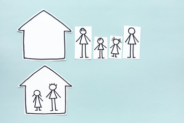 children leaving home with adults in confinement time on cardboard